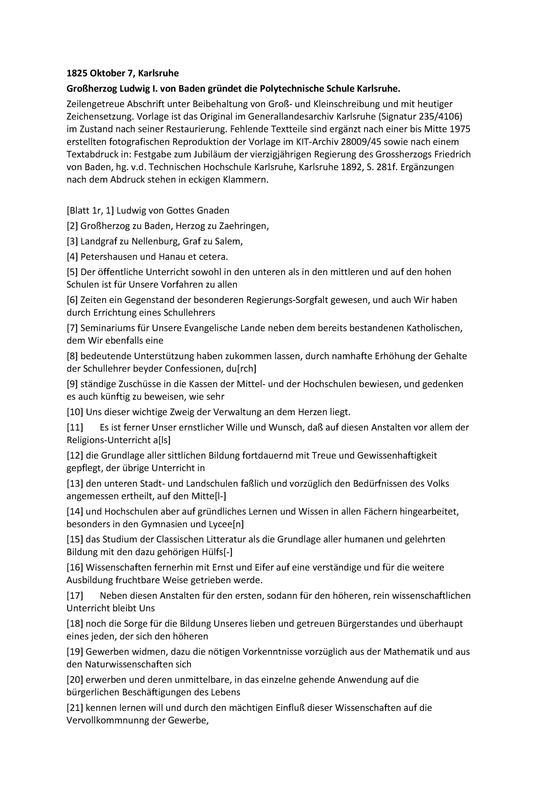 Gründungsurkunde der Polytechnischen Schule Karlsruhe, Seite 1 (Blatt 1r).