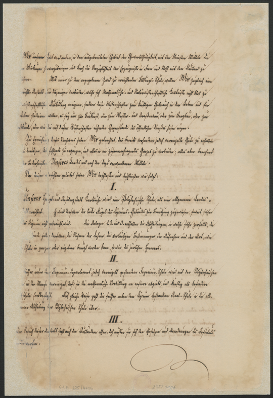 Gründungsurkunde Großherzog Ludwigs I. von Baden, 07.10.1825, 34,5 × 23,5 cm, Papier, Seite 2 (Blatt 1v). Generallandesarchiv Karlsruhe 235/4106.