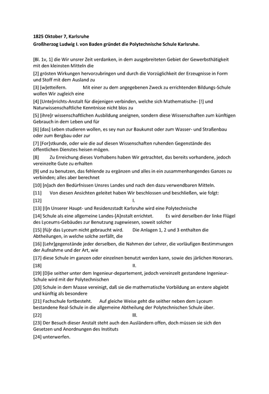 Gründungsurkunde der Polytechnischen Schule Karlsruhe, Seite 2 (Blatt 1v).