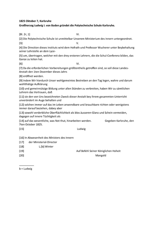 Gründungsurkunde der Polytechnischen Schule Karlsruhe, Seite 3 (Blatt 2r).