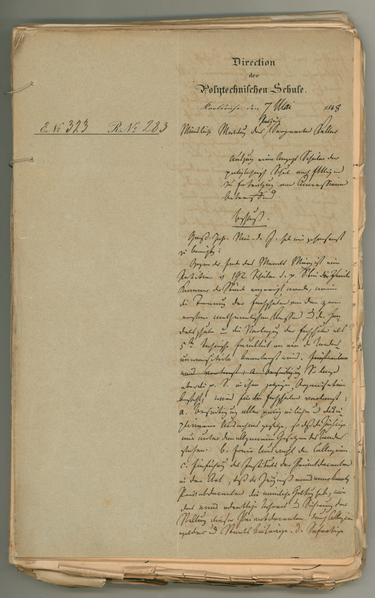 1848 Mai 7, Karlsruhe
Bericht der Polytechnischen Schule Karlsruhe an das badische Innenministerium über den Auszug von Schülern nach Ettlingen. Entwurf, Seite 1 (Blatt 1r). KIT-Archiv 10001/326.