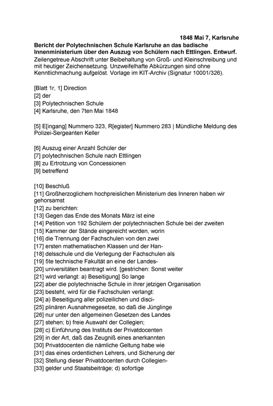 1848 Mai 7, Karlsruhe
Bericht der Polytechnischen Schule Karlsruhe an das badische Innenministerium.

Seite 1 (Blatt 1r)