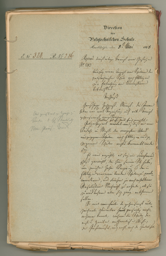 1848 Mai 8, Karlsruhe
1) Bericht von der Direktion Polytechnischen Schule Karlsruhe an das badische Innenministerium über den Auszug von Schülern nach Ettlingen,
2) Anforderung von Berichten der Klassenvorstände durch den Direktor der Polytechnischen Schule Karlsruhe.
Entwurf, Seite 1 (Blatt 1r). KIT-Archiv 10001/326.