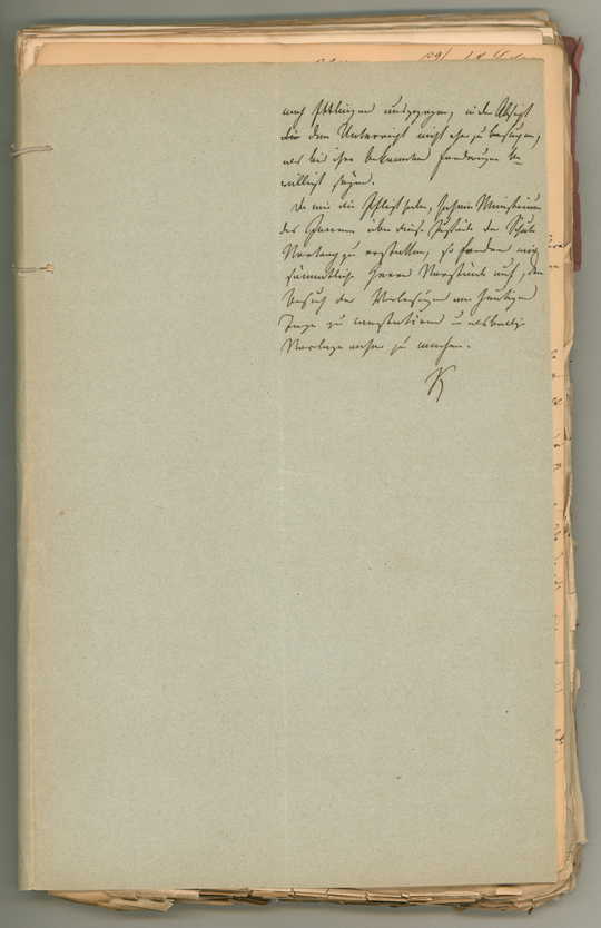 1848 Mai 8, Karlsruhe
1) Bericht von der Direktion Polytechnischen Schule Karlsruhe an das badische Innenministerium über den Auszug von Schülern nach Ettlingen,
2) Anforderung von Berichten der Klassenvorstände durch den Direktor der Polytechnischen Schule Karlsruhe.
Entwurf, Seite 3 (Blatt 2r). KIT-Archiv 10001/326.
