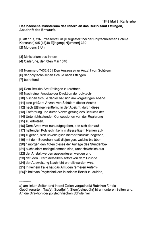 1848 Mai 8, Karlsruhe
Das badische Ministerium des Innern an das Bezirksamt Ettlingen, Abschrift des Entwurfs.

Seite 1 (Blatt 1r)