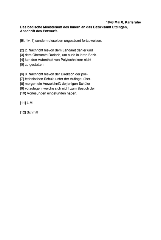 1848 Mai 8, Karlsruhe
Das badische Ministerium des Innern an das Bezirksamt Ettlingen, Abschrift des Entwurfs.

Seite 2 (Blatt 1v)