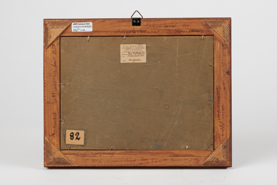 Ferdinand Redtenbacher: Hohentwiel bei Singen, 41,7,5 × 32,9 x 3,3 cm, Ölgemälde auf Pappe, hier: Rückseite. KIT-Archiv 28501/18. Fotografie: Amadeus Bramsiepe.