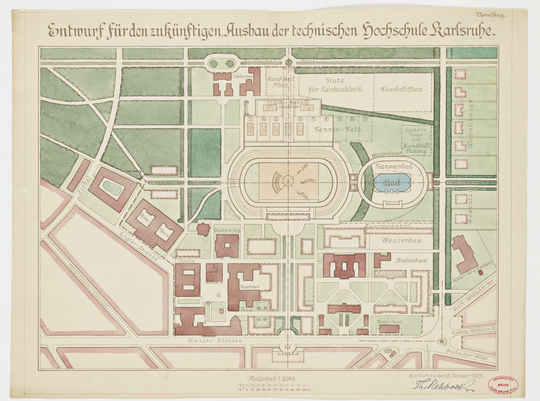 Campusplan der Technischen Hochschule Karlsruhe mit projektierten Sportanlagen und Gebäuden für das Bauingenieurwesen, Entwurf: Theodor Rehbock, 21.01.1925. KIT-Archiv 27025/38.