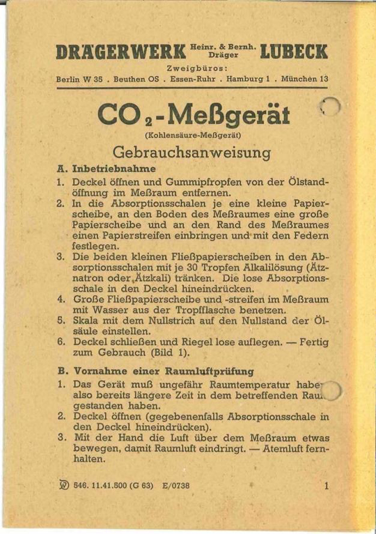 Gebrauchsanweisung zum Messen des Kohlendioxidgehalts in der Raumluft, Seite 1. Mit freundlicher Genehmigung der Dräger Safety AG & Co. KGaA.