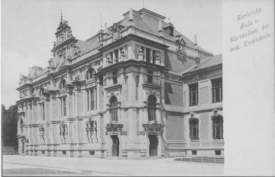 Aulabau der Technischen Hochschule Karlsruhe, Außenansicht von Südosten, ca. 1930, Fotografie unbekannter Urheberschaft. KIT-Archiv 28010/III 14.