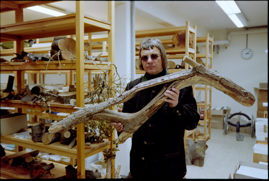 Prof. Claus Mattheck (Institut für Materialforschung am Kernforschungszentrum Karlsruhe) mit einem Holzstück bei der Erläuterung der von ihm entwickelten Visual-Tree-Assessment-Methode, 04.03.1993, Fotografie unbekannter Urheberschaft. KIT-Archiv 28028/10770.