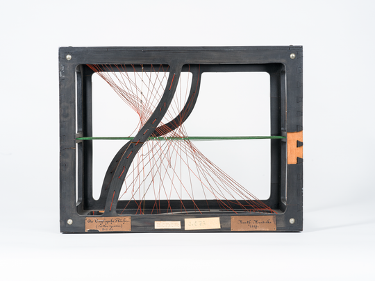Modell der Cayleyschen Fläche dritten Grades, Hersteller: Bartholomeus Hendriks, ca. 42,0 × 32,0 × 27,2 cm, Sperrholz, Textilfäden, Farbe. KIT-Archiv 28508/12. Fotografie: Amadeus Bramsiepe.
