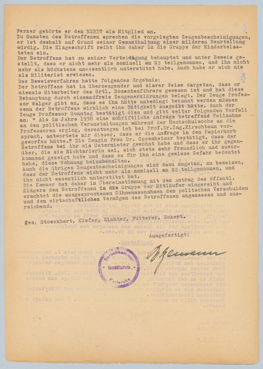 Spruchkammerbescheid für Emil Kirschbaum, 23.07.1947, Seite 1. KIT-Archiv 21011/209.