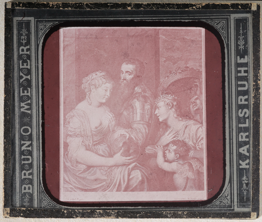Diapositiv einer grafischen Darstellung des Gemäldes "Allegorie des Alfonso d'Avalos, Marchese del Vasto" von Tizian (um 1533), 8,5 × 10,0 x 0,2 cm, Verlag Bruno Meyer, ca. 1885. KIT-Archiv 28002/872.