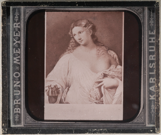 Diapositiv einer grafischen Darstellung des Gemäldes "Flora" von Tizian (um 1515), 8,5 × 10,0 x 0,2 cm, Verlag Bruno Meyer, ca. 1885. KIT-Archiv 28002/872.