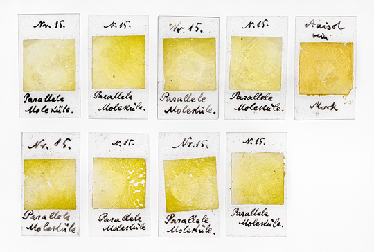 Objektträger mit erstarrten Flüssigkristallen aus dem Nachlass von Otto Lehmann, ca. 1900, je ca. 1,8 x 3,0 cm. KIT-Archiv 27059/88. Fotografie: Hubert Czech.