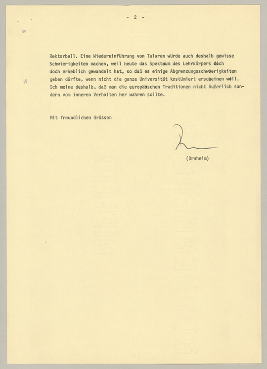Der Karlsruhe Universitätsrektor Heinz Draheim an einen Kollegen im Ausland über die Verwendung von Talaren, 12.12.1974, genehmigter Entwurf, Seite 2. KIT-Archiv 21001/1318.