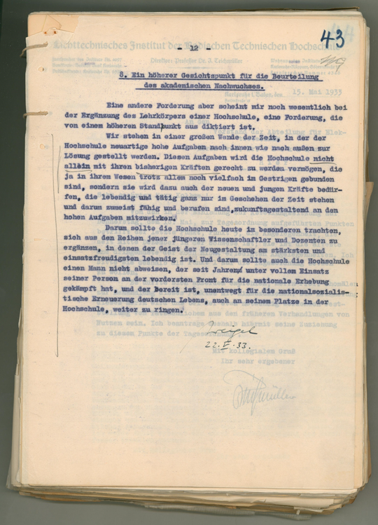 Personalakte des Professors für Lichttechnik und Rektors der Technischen Hochschule Rudolf Georg Weigel, hier: Schlussseite der Eingabe Weigels zur Verteidigung seiner zunächst zurückgewiesenen Habilitation. KIT-Archiv 21011/538.