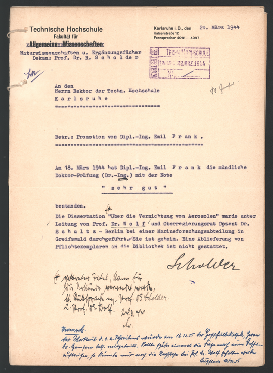 Akte der Technischen Hochschule Karlsruhe über die geheime Promotion von Emil Frank, Seite 9. KIT-Archiv 21013/1069.