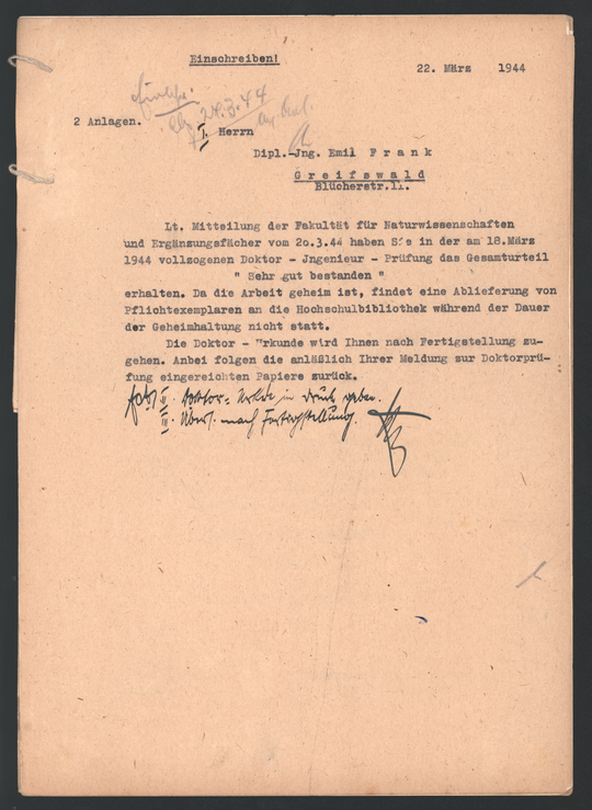 Akte der Technischen Hochschule Karlsruhe über die geheime Promotion von Emil Frank, Seite 10. KIT-Archiv 21013/1069.