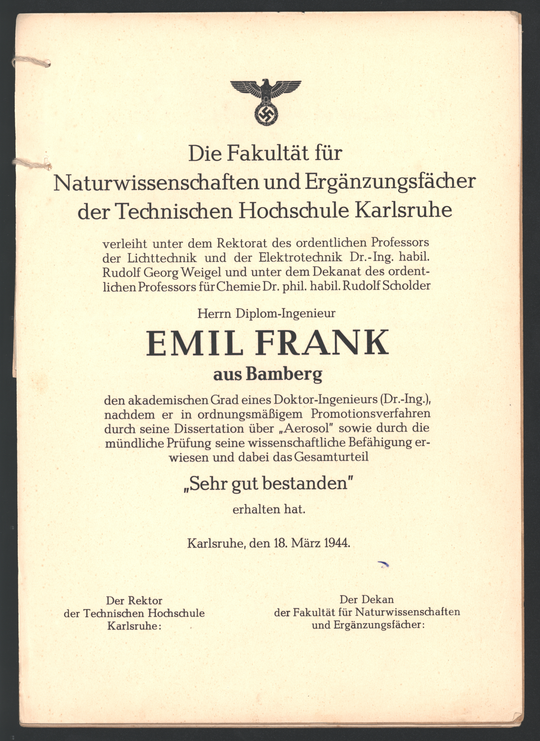 Akte der Technischen Hochschule Karlsruhe über die geheime Promotion von Emil Frank, Seite 12. KIT-Archiv 21013/1069.