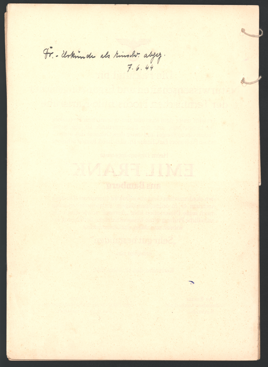 Akte der Technischen Hochschule Karlsruhe über die geheime Promotion von Emil Frank, Seite 13. KIT-Archiv 21013/1069.