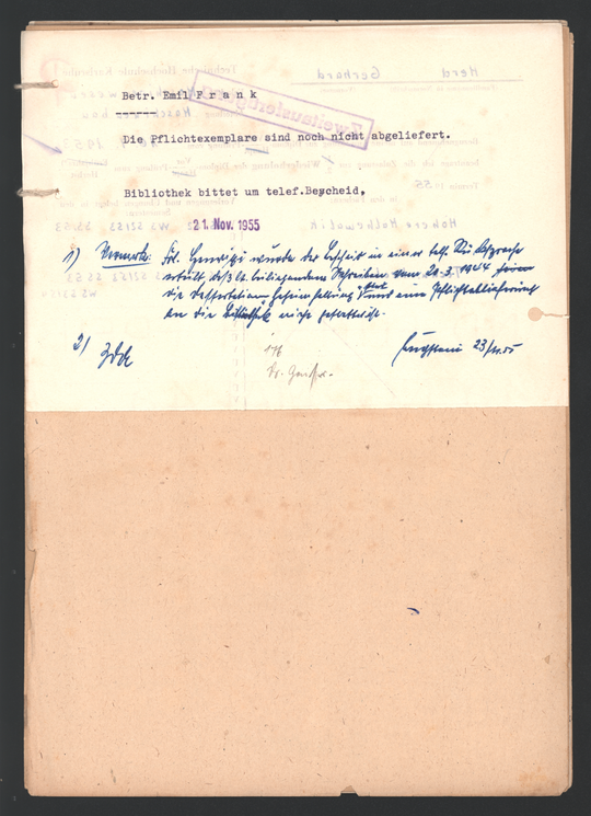 Akte der Technischen Hochschule Karlsruhe über die geheime Promotion von Emil Frank, Seite 14. KIT-Archiv 21013/1069.