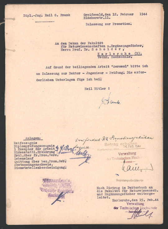 Akte der Technischen Hochschule Karlsruhe über die geheime Promotion von Emil Frank, Seite 1. KIT-Archiv 21013/1069.