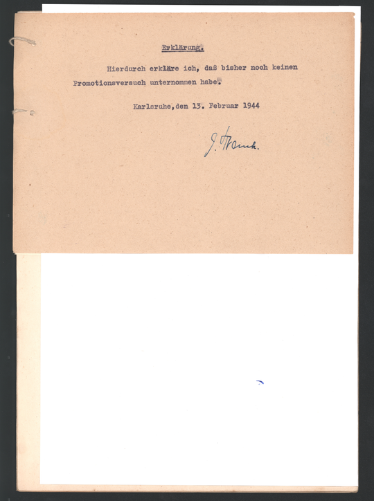 Akte der Technischen Hochschule Karlsruhe über die geheime Promotion von Emil Frank, Seite 4. KIT-Archiv 21013/1069.