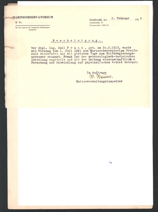 Akte der Technischen Hochschule Karlsruhe über die geheime Promotion von Emil Frank, Seite 5. KIT-Archiv 21013/1069.