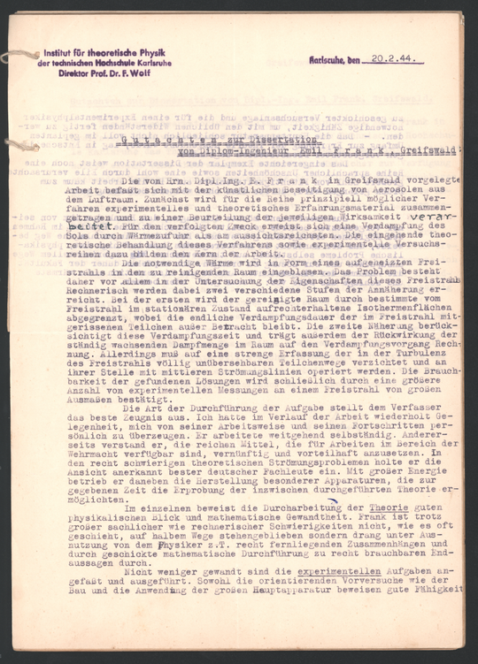 Akte der Technischen Hochschule Karlsruhe über die geheime Promotion von Emil Frank, Seite 6. KIT-Archiv 21013/1069.