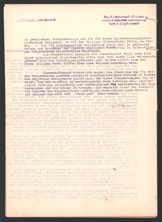 Akte der Technischen Hochschule Karlsruhe über die geheime Promotion von Emil Frank, Seite 7. KIT-Archiv 21013/1069.