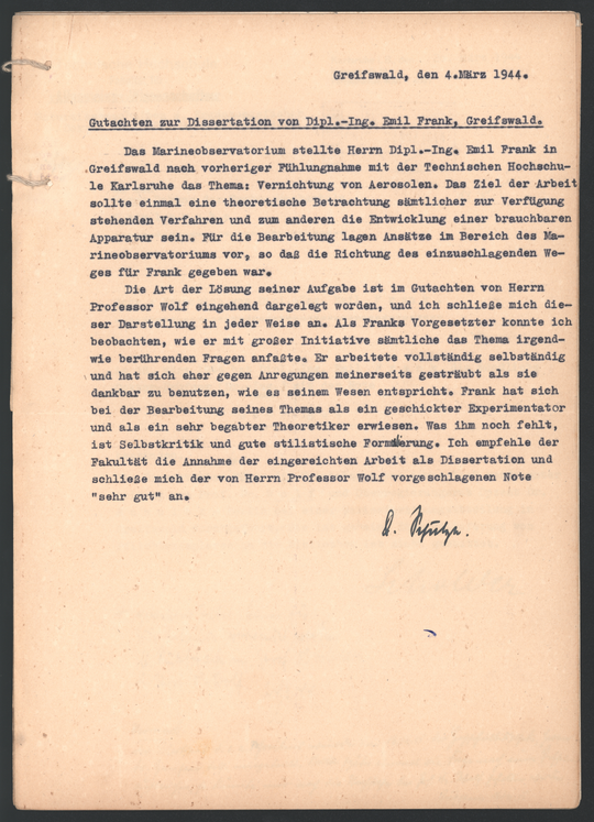 Akte der Technischen Hochschule Karlsruhe über die geheime Promotion von Emil Frank, Seite 8. KIT-Archiv 21013/1069.