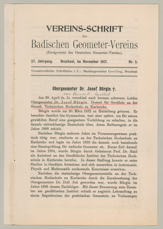Merkel, [Heinrich]: [Nachruf auf] Obergeometer Dr. Josef Bürgin, in: Vereins-Schrift des Badischen Geometer-Vereins 27/2 (1917), S. 25.