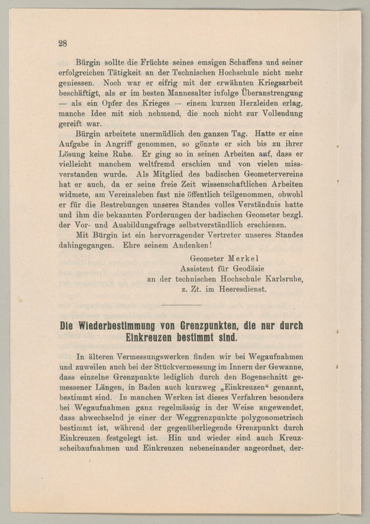 Merkel, [Heinrich]: [Nachruf auf] Obergeometer Dr. Josef Bürgin, in: Vereins-Schrift des Badischen Geometer-Vereins 27/2 (1917), S. 28.