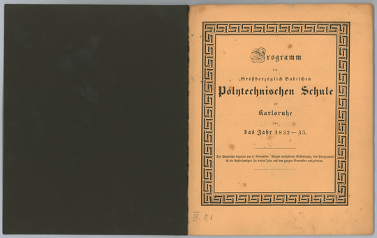 Programm der Großherzoglich Badischen Polytechnischen Schule Karlsruhe für das Jahr 1832-33, Schmutztitel.