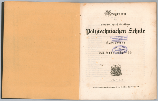 Programm der Großherzoglich Badischen Polytechnischen Schule Karlsruhe für das Jahr 1832-33, Innentitel.