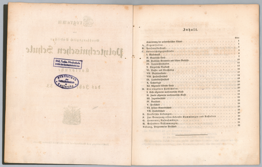 Programm der Großherzoglich Badischen Polytechnischen Schule Karlsruhe für das Jahr 1832-33, Inhaltsverzeichnis.