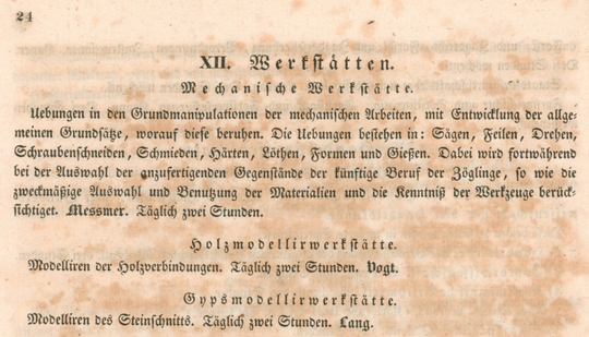 Beschreibung der Mechanischen Werkstätte an der Polytechnischen Schule, in: Programm der Großherzoglich Badischen Polytechnischen Schule zu Karlsruhe für das Jahr 1833-34, (Karlsruhe 1833), Ausschnitt von Seite 24. KIT-Bibliothek Archiv IV,02.