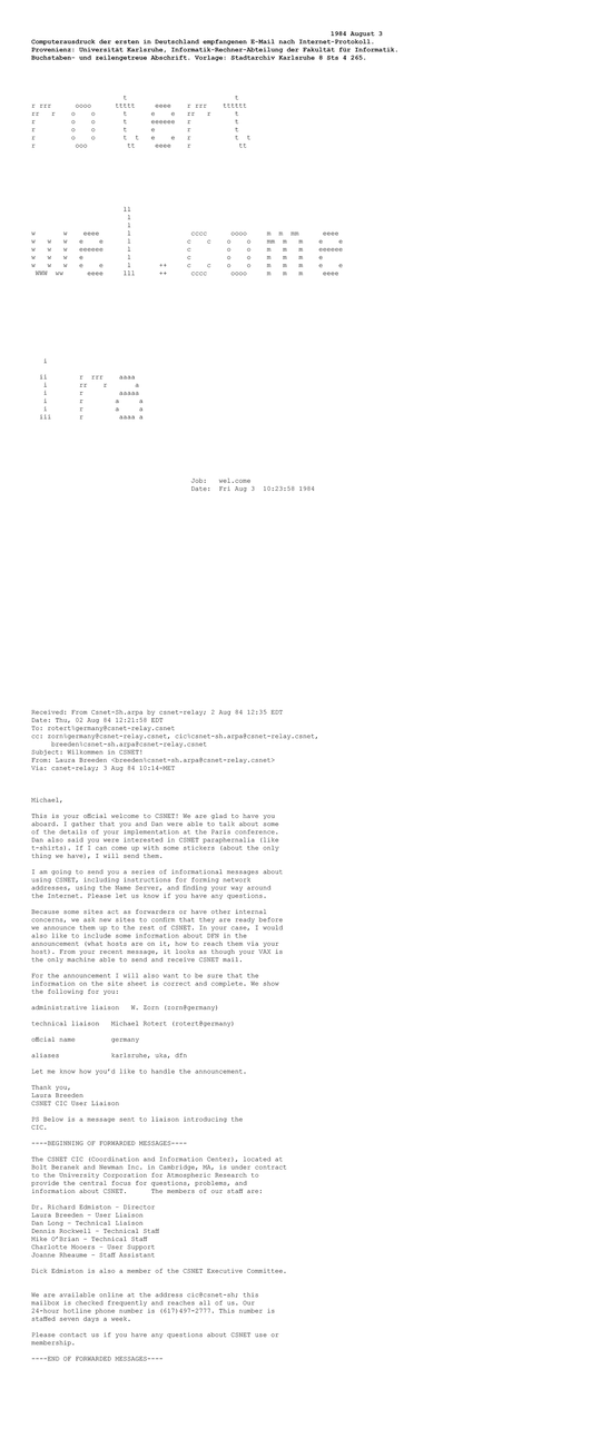 Text der ersten in Deutschland empfangenen E-Mail nach Internet-Protokoll.
