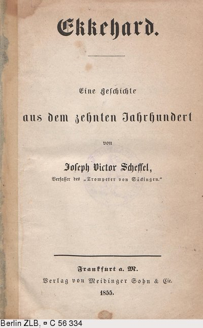 Titelseite der Erstausgabe des 1855 erschienenen historischen Romans "Ekkehard" von Joseph Victor von Scheffel.