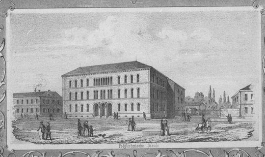 Das Chemische Laboratorium der Polytechnischen Schule hinter dem Hauptgebäude an der Kaiserstraße, teilweise sichtbar hinter einem Zaun, in: Das Chemische Laboratorium an der Grossherzogl. Polytechnischen Schule, hg. v. C. Weltzien und H. Lang, Karlsruhe 1855, Titelblatt. KIT-Bibliothek AR I 1b.