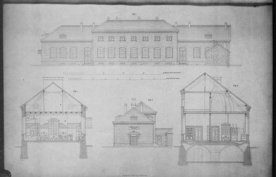Ansichten und Schnittzeichnungen des Chemischen Laboratoriums der Polytechnischen Schule, in: Das Chemische Laboratorium an der Grossherzogl. Polytechnischen Schule, hg. v. C. Weltzien und H. Lang, Karlsruhe 1855. KIT-Bibliothek AR I 1b.