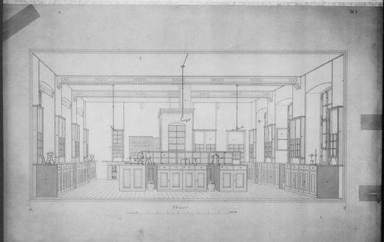 Innenansicht des Chemischen Laboratoriums der Polytechnischen Schule, in: Das Chemische Laboratorium an der Grossherzogl. Polytechnischen Schule, hg. v. C. Weltzien und H. Lang, Karlsruhe 1855. KIT-Bibliothek AR I 1b.